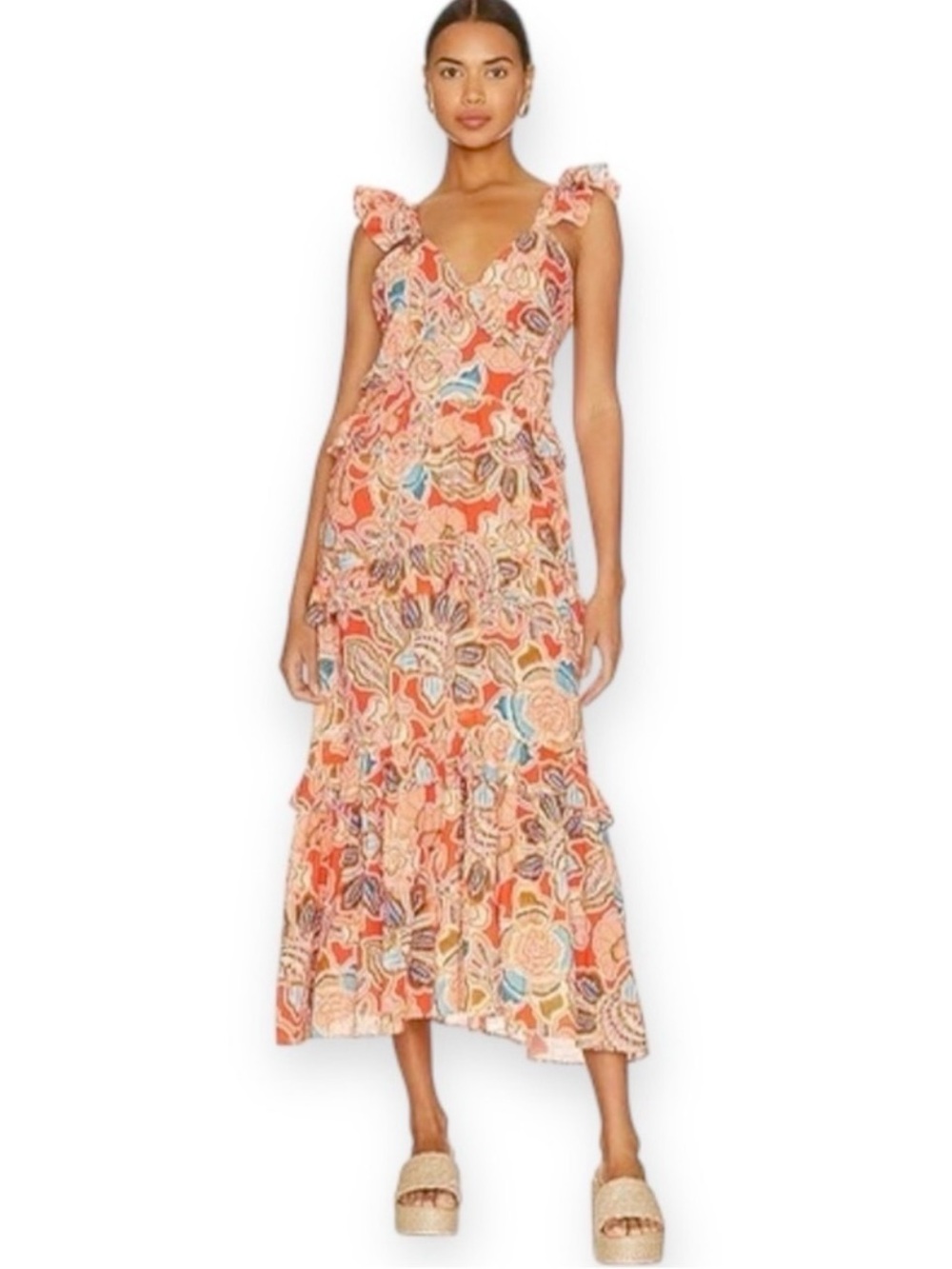 MISA LOS ANGELES Morrison Tiered Ruffle Midi Dress NEW Size M Tangerine Floral